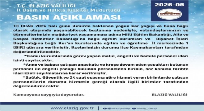 Elazığ'da eğitim-öğretime 1 gün ara verildi